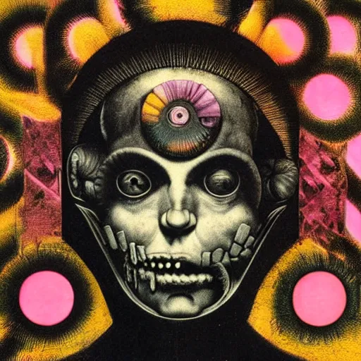 Image similar to post - punk album cover, asymmetrical design, dollar bank, new age, apocalypse, psychedelic, black white pink, magic, giger h. r., giuseppe arcimboldo