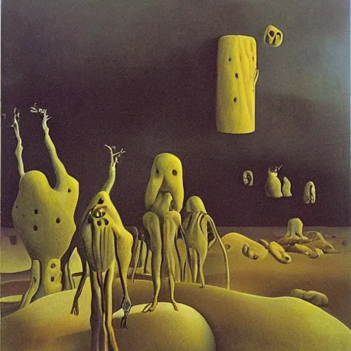 Image similar to Surreal landscape painted by Dali Max Ernst Dorothea Tanning perfect composition bizarre disturbing small people in the distance large mutant forms in the foreground
