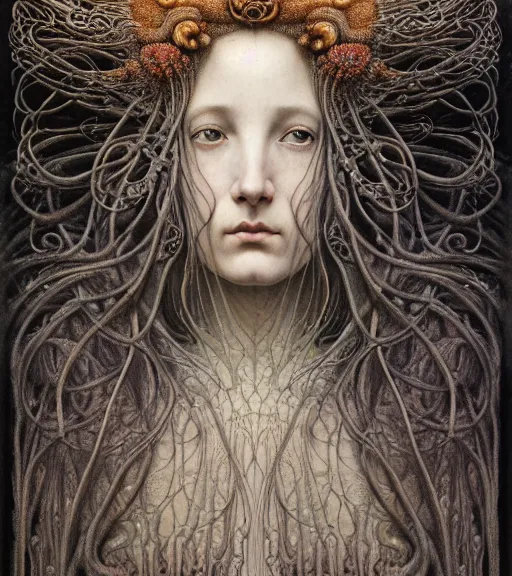 Image similar to detailed realistic beautiful autumn goddess face portrait by jean delville, gustave dore, iris van herpen and marco mazzoni, art forms of nature by ernst haeckel, art nouveau, symbolist, visionary, gothic, neo - gothic, pre - raphaelite, fractal lace, intricate alien botanicals, ai biodiversity, surreality, hyperdetailed ultrasharp octane render