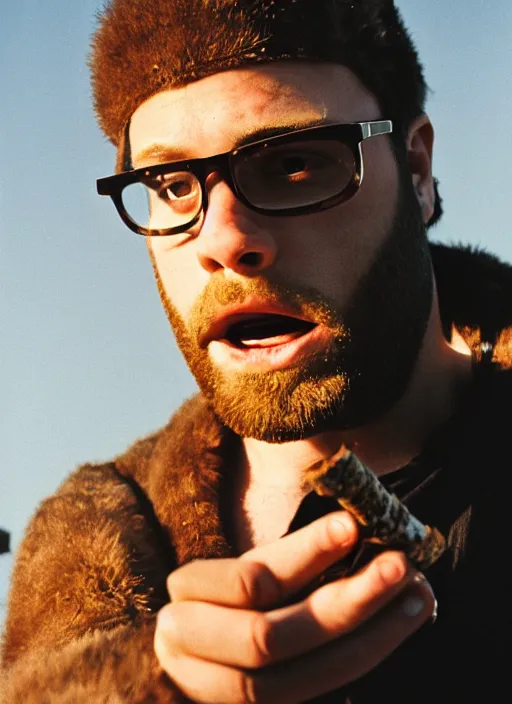 Prompt: photorealistic photograph of seth rogan smoking a joint, hybrid creature, 3 5 mm film, fuji, leica s, bigfoot, nyc, in the style of fashion photography, intricate, golden hour sunlight, kodachrome