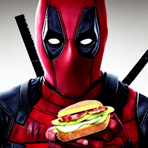 Image similar to deadpool eating a subway sandwhich photorealistic