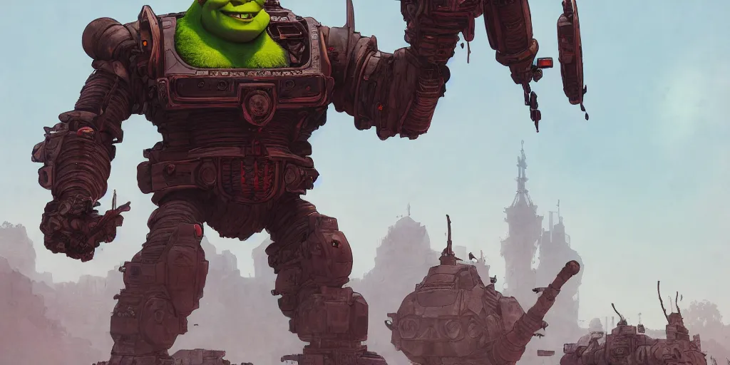 Image similar to shrek as a giant war robot. ultra detailed, close - up, by conrad roset, takato yomamoto, jesper ejsing, masamune shiro, ukiyo - e, 8 k resolution, octane render, high quality, professional artwork