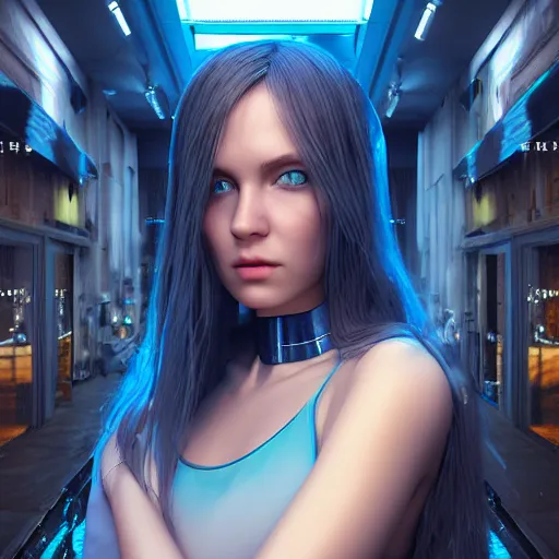 Image similar to “hyperrealistic ultra detailed unreal engine 5 RTX raytracing nvidia hairworks render of portrait of the most beautiful girl with blue eyes. She is in heavens cyberpunk greenhouse. futuristic. cinematic. very high detailed. By Charli Amani. By Tsubasa Nakai. Photorealistic render”