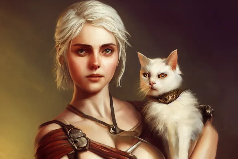 Image similar to Ciri holding a cat, beautiful lighting, expressive oil painting, trending on artstation, digital art