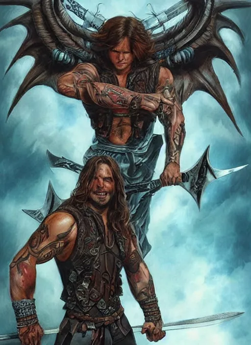 Image similar to front portrait of attractive Sam Winchester as a muscular warrior holding swords ⚔️ demon wings wide open, teared apart T-Shirt whole body tattooed with runes and satanic symbols, D&D!, fantasy style, sharp focus!, ultra detailed, art by Artgerm and Peter Andrew Jones, WLUP