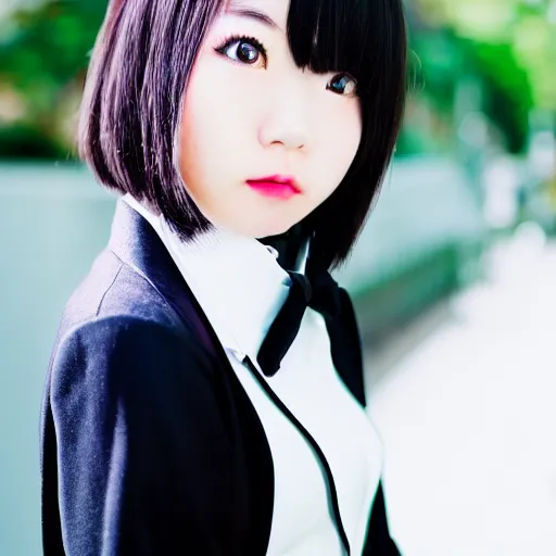 Image similar to photo of a cute Japanese girl wearing tuxedo, kawaii, high depth of field, 4k, 70 mm, sigma lens, reflection, high contrast, saturated