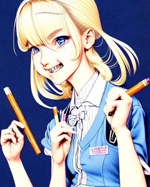 Image similar to illustration depicting a wealthy young mischievous female prep school student with medium length bright blonde hair and pale skin, in an old study room smoking her dad's cigarettes, complex artistic color ink pen sketch illustration, subtle detailing, illustrated by Artgerm and Range Murata.