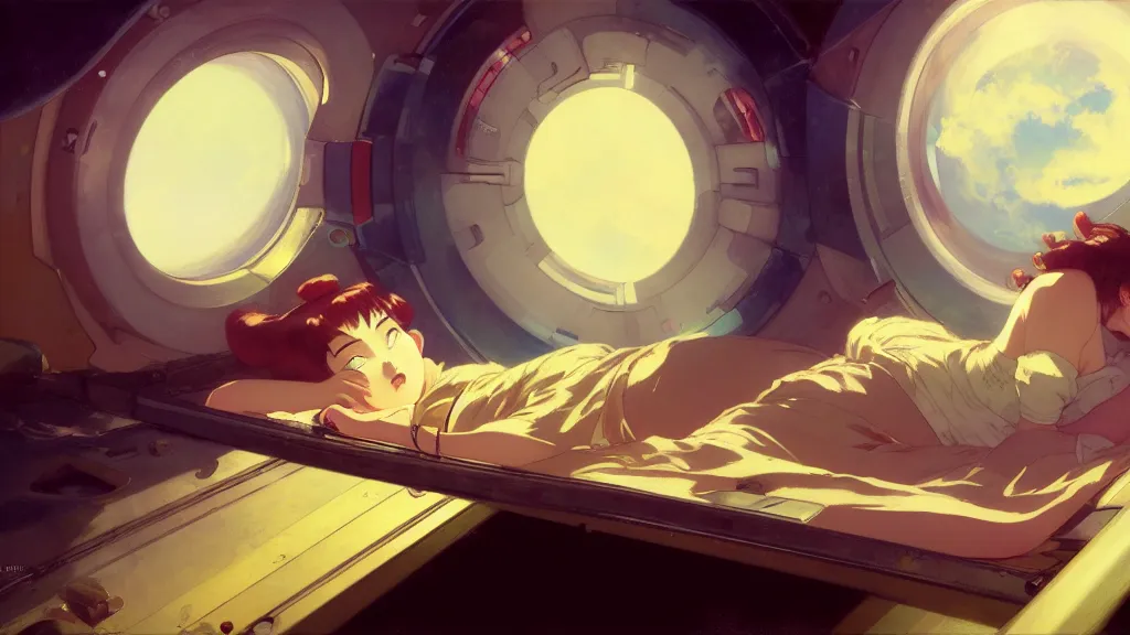Prompt: a film still of a 1 9 5 0's mechanic anime girl sleeping in bed inside spaceship, trending on pixiv fanbox, painted by gaston bussiere, makoto shinkai, akihiko yoshida, gaston bussiere, craig mullins