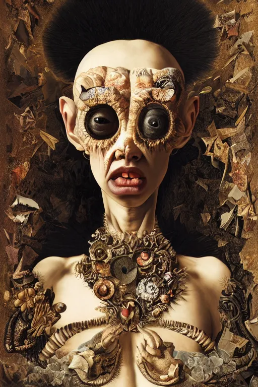 Image similar to Detailed maximalist portrait with dark skin, large mouth and with large white eyes, exasperated expression, HD mixed media, 3D collage, highly detailed and intricate, surreal illustration in the style of Caravaggio, dark art, baroque