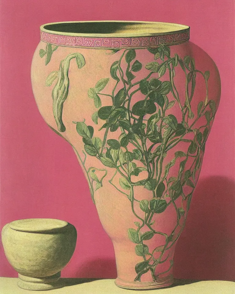 Image similar to achingly beautiful print of intricately painted ancient greek krater on a pink background by rene magritte, monet, and turner.