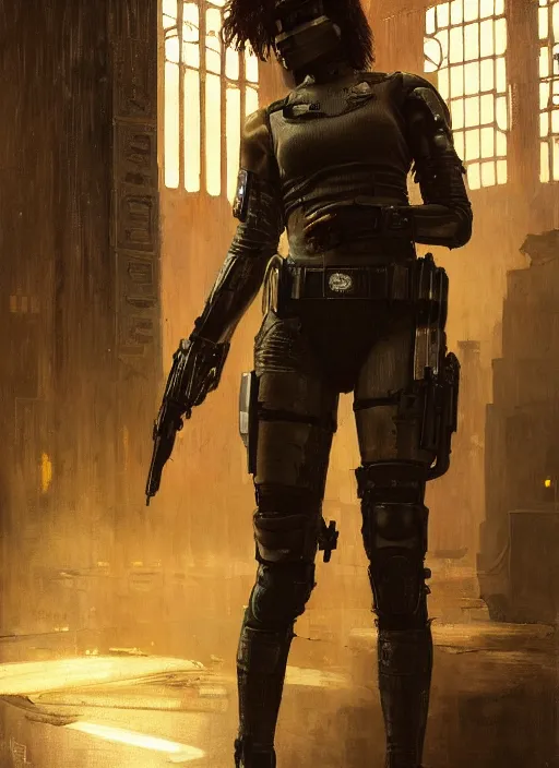 Image similar to 👩🏾🏭. cyberpunk police trooper in a military vest ( blade runner 2 0 4 9, cyberpunk 2 0 7 7 ). orientalist portrait by john william waterhouse and james gurney and theodore ralli and nasreddine dinet, oil on canvas. cinematic, hyper realism, realistic proportions, dramatic lighting, high detail 4 k