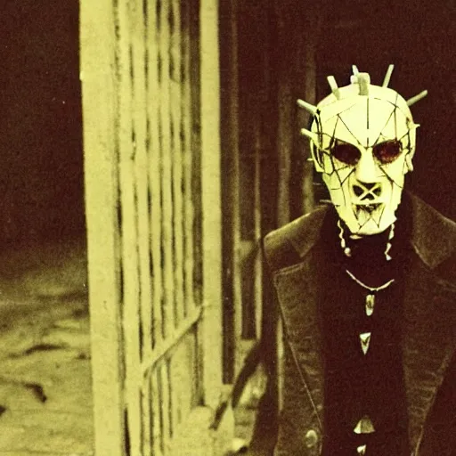 Prompt: a 1920 photography of a man with a hellraiser mask in silent hill town