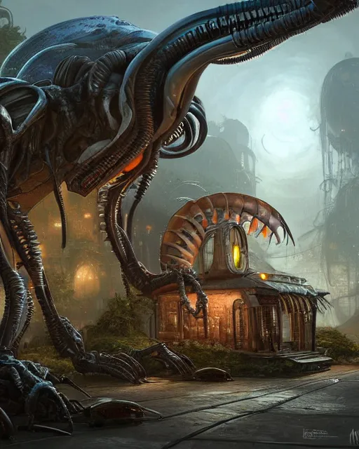 Prompt: xenomorph taxi car in a fantasy village, calming, uplifting mood, ultra realistic, farm, funny, small buildings, highly detailed, epic lighting, illuminated, cinematic, morning, art by eddie mendoza