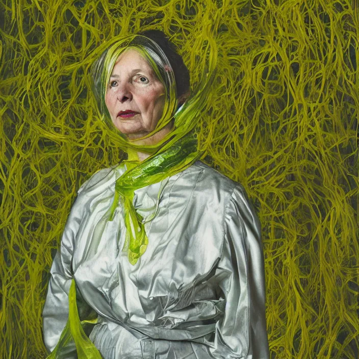 Prompt: closeup portrait of a woman wrapped in chartreuse cellophane, standing in an overgrown interior, color photograph, by paula rego, canon eos c 3 0 0, ƒ 1. 8, 3 5 mm, 8 k, medium - format print