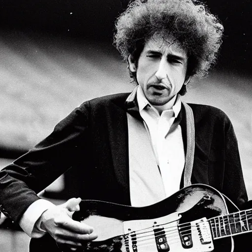 Image similar to bob dylan playing his guitar in the fulham football club stadium, photograph