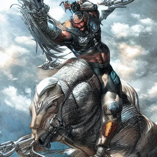 Image similar to chonky bald grey bearded ethan van sciver riding a dark horse into battle, full view, beautiful zoomed out artwork by artgerm and rutkowski, breathtaking, beautifully lit, dramatic, full view