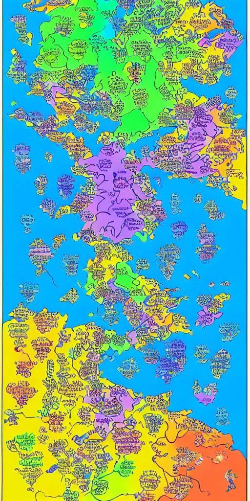 Prompt: infographic map of a heavenly realm split into regions with population information and statistics in the style of a three dimensional map highly detailed digital saturated colors full color inked drawn by bob ross and lisa frank