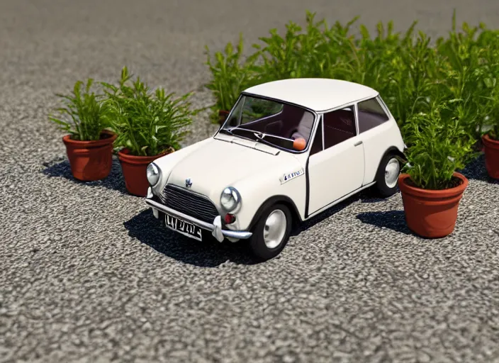 Image similar to a small miniature of a Mini Cooper S 1963 on a white table near a vase with a plant, 3d render, octane render, unreal engine 5, path tracing, serene landscape, calm, relaxing, beautiful landscape, highly detailed, high quality, 4k, symmetrical, low contrast, view from above