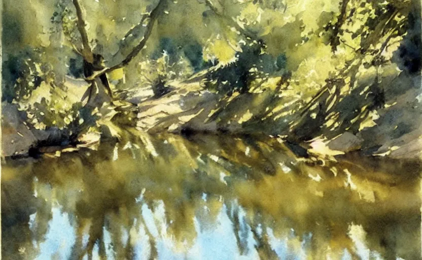 Prompt: watercolor lanscape by anders zorn, very very very very beautiful art, dramatic light, water reflections, aquarelle paint splashes and drips, drops
