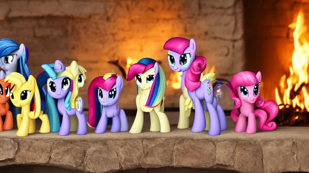 Image similar to A beautiful and wholesome scene of My Little Pony figurines in front of a lit fireplace, 4k, 8k, photography, warm lighting