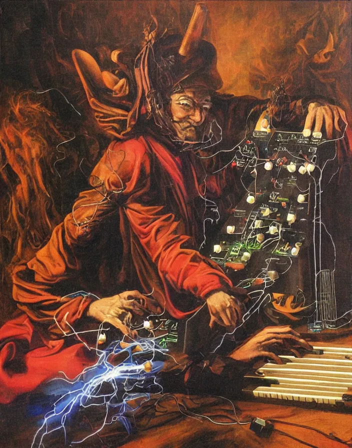 Prompt: chiaroscuro air brush fantasy painting of a medieval court jester playing an ARP 2600 modular synthesizer powered by a tesla coil