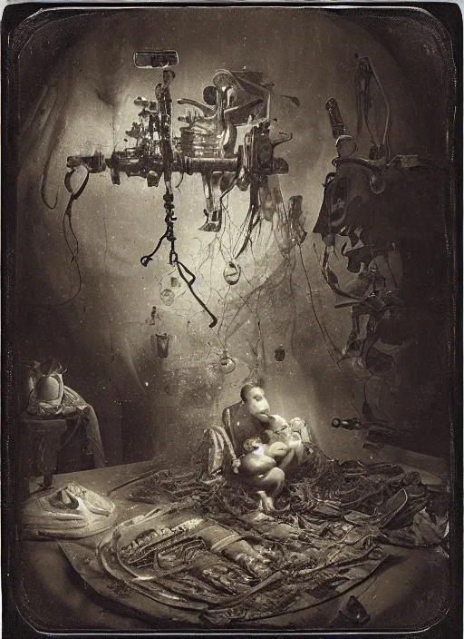 Prompt: old wetplate daguerreotype birth of artificial baby futuristic life, fractal, intricate, elegant, highly detailed, parallax, leica, medium format, subsurface scattering, by jheronimus bosch and greg rutkowski and louis jacques mande daguerre