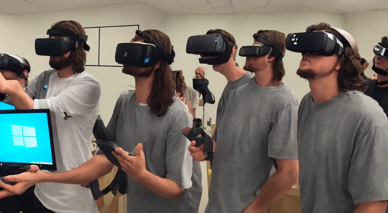 Prompt: Jesus Christ teaching his disciples how to install Windows 11 using VR. Photo realistic.