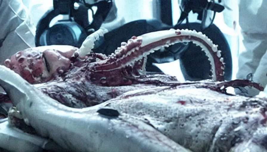 Image similar to Big budget horror movie about a cyborg doing an autopsy on a giant squid