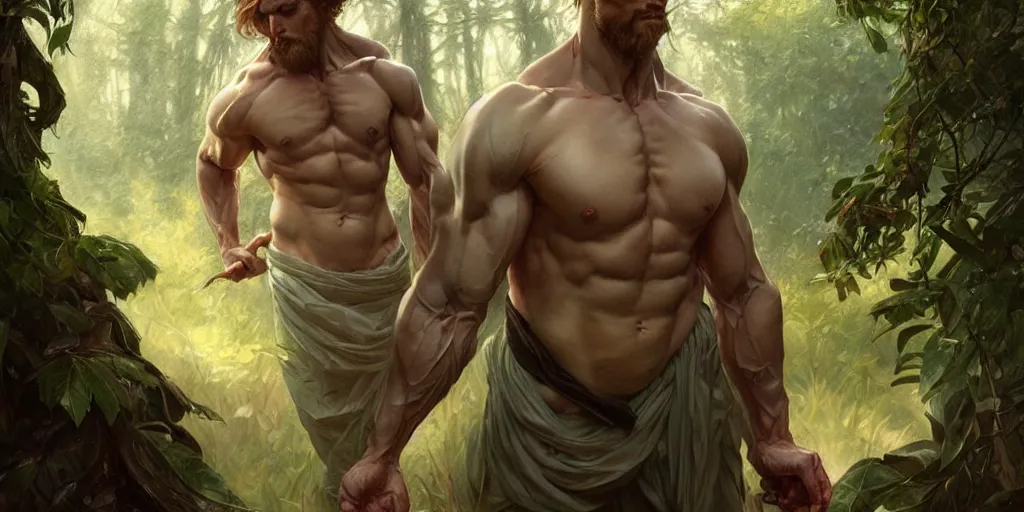 Image similar to caucasian man in park of forest gog, male, clear face, masculine, upper body, muscular, fantasy, intricate, elegant, highly detailed, digital painting, artstation, concept art, matte, sharp focus, illustration, art by artgerm and greg rutkowski and alphonse mucha