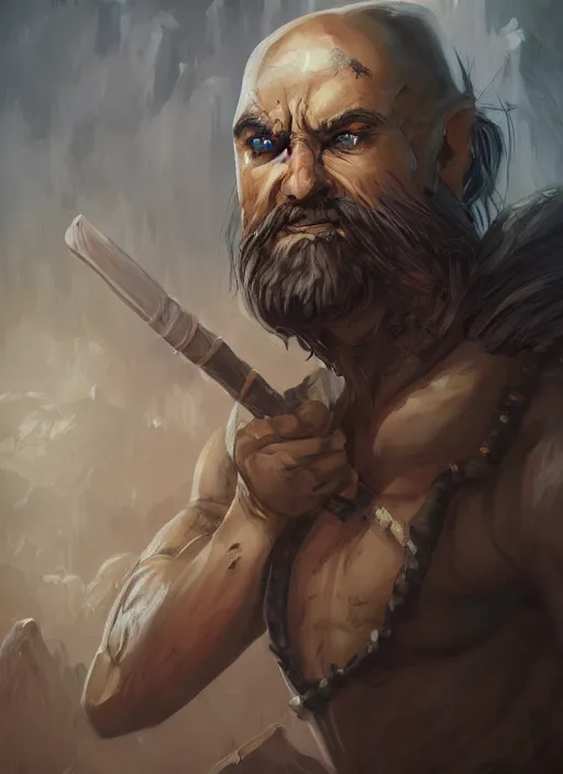 Image similar to an epic fantasy comic book style portrait painting of a rough yet lean man with a cudgel who oversees children in a cave where they break up the ore, unreal 5, daz, hyperrealistic, octane render, cosplay, rpg portrait, dynamic lighting