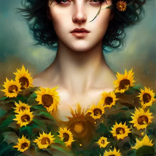 Image similar to sunflower goddess of summer character portrait, in the style of charlie bowater, tom bagshaw, and waterhouse, lean face, cinematic lighting, beautiful, elegant, oil painting, cinematic, portrait, raphaelite, headroom, headshot photograph