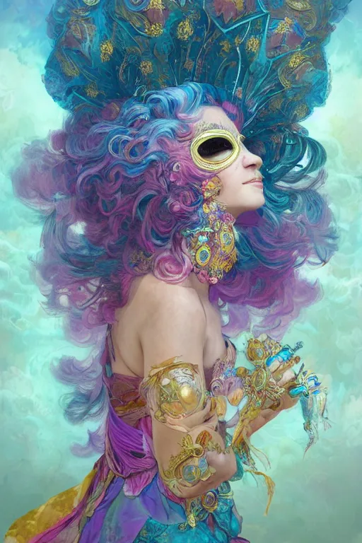 Prompt: woman in Venetian mask, profile, center of the universe, psychedelic, character concept, floating hair, gauzy dress, full body shot, many colors, colorful, all colors, highly saturated colors,, fantasy character, detailed illustration, hd, 4k, digital art, overdetailed art, concept art, Dan Mumford, Peter Mohrbacher, Alfons Mucha, Greg Rutkowski, trending on artstation