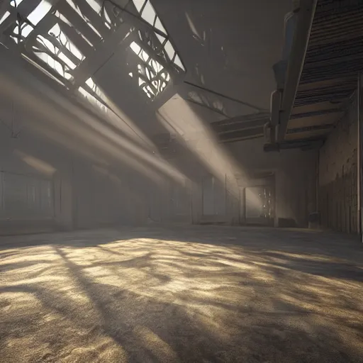 Image similar to abandoned industrial factory interior, volumetric light scattering, dustlight, god rays, dust, digital art, trending on artstation