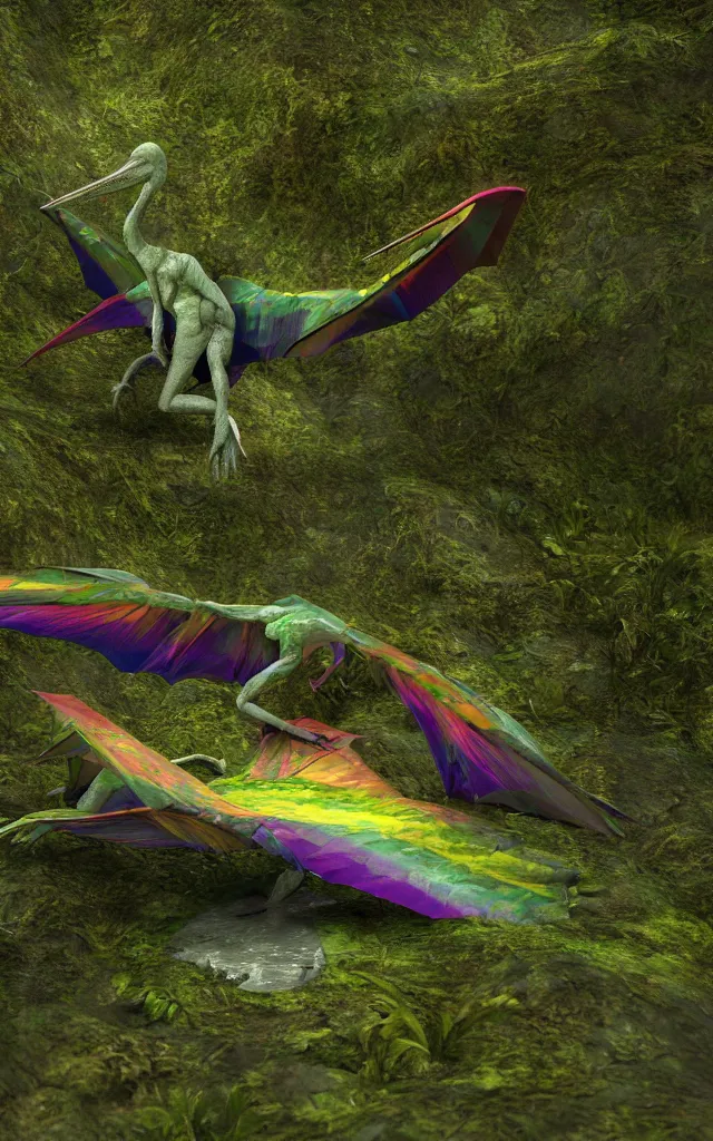 Image similar to iridiscent rainbow dim pterodactyl lying in a swamp, moss and mud, photography, 3d octane render