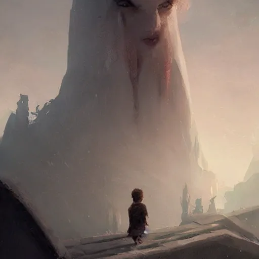 Prompt: a beautiful terrifying pale giant looms over a tiny human child. ethereal fantasy art by greg rutkowski