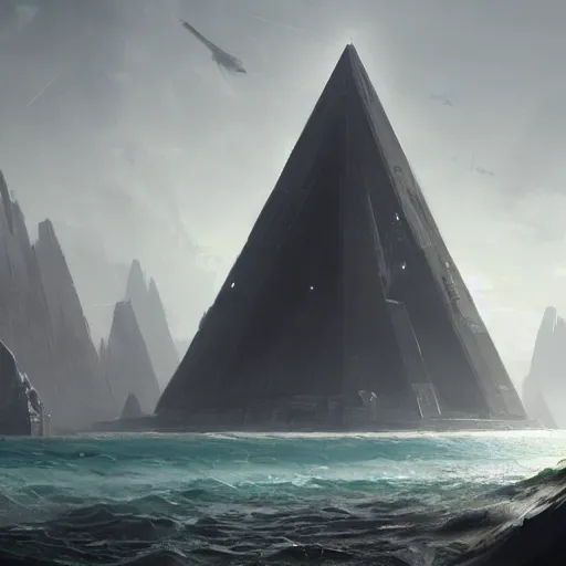 Image similar to star wars concept art by greg rutkowski, a palatial and imposing grey tall triangular pyramid tech tower emerging from the sea in the middle of a ocean landscape, enigmatic atmosphere, beautiful and cinematic lighting, artstation hq.