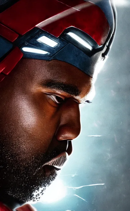 Image similar to Portrait of Kanye West as captain america in Gears of War, splash art, movie still, cinematic lighting, dramatic, octane render, long lens, shallow depth of field, bokeh, anamorphic lens flare, 8k, hyper detailed, 35mm film grain