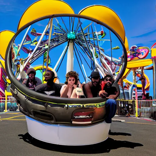 Image similar to death grips riding tilt - a - whirl at a carnival, mc ride, zach hill, andy morin,