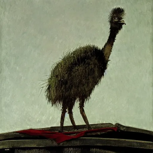 Prompt: shredded physique feathered tall neck beak Portrait of Samuel Beckett camouflaged as Emu whilst wearing a pink tuxedo Standing atop a Garbage Truck Greg Rutkowski Eric Ravilious Paul Cezanne Andrew Wyeth Jamie Wyeth