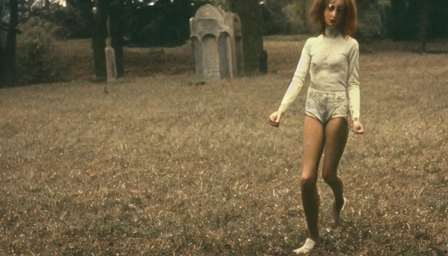 Image similar to 7 0 s film still from a horror movie starring a person with anorexia dancing in a graveyard, kodachrome, cinecolor, cinestill, photorealism, cinematic, film grain, film texture, vhs recording