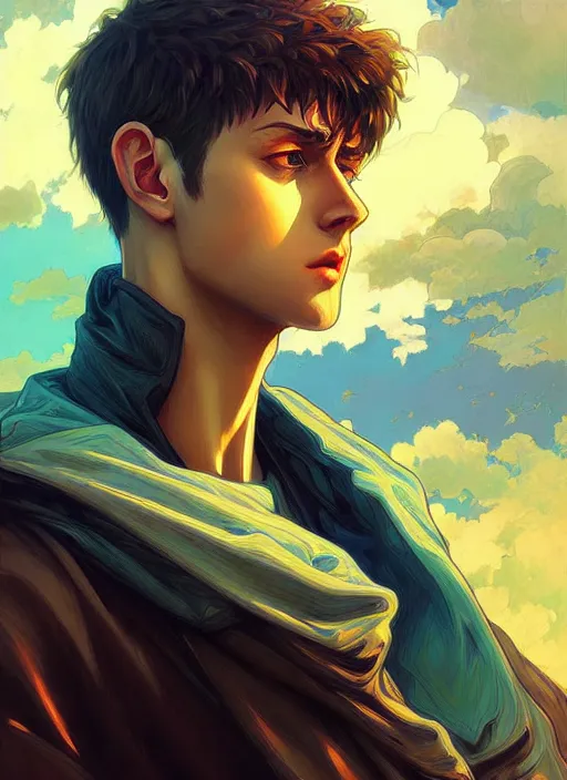 Image similar to handsome genos, half body shot, path traced, highly detailed, high quality, digital painting, alena aenami, lilia alvarado, shinji aramaki, karol bak, alphonse mucha, tom bagshaw