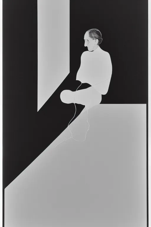 Prompt: a minimalist portrait of Marcel Duchamp connected to the machine in the style of Annie Leibovitz, Irving Penn, Hito Steyerl, Shinya Tsukamoto, Saâdane Afif, Alfredo Jaar line drawing and 35mm film, wide angle, monochrome, futuristic tetsuo