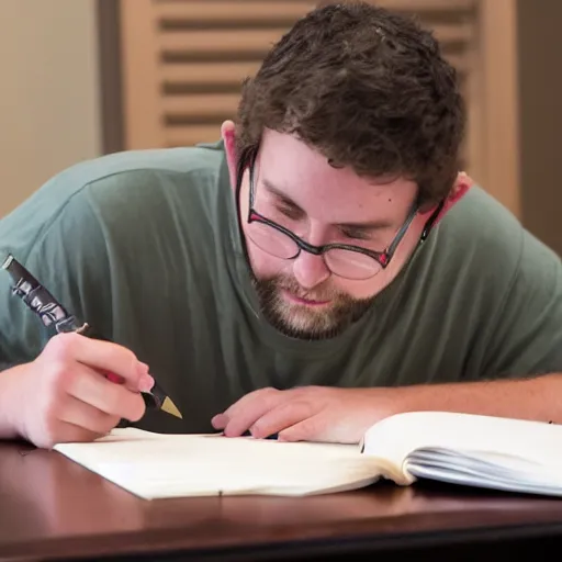 Prompt: Ethan Smith writing his next guide, (EOS 5DS R, ISO100, f/8, 1/125, 84mm, postprocessed, AI enhanced, facial features)