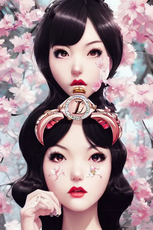 Image similar to a pin up and beautiful fashion dreamlke japan girl with lv jewelry, character art, art by artgerm and wlop and and ilya kuvshinov, hyperdetailed, 8 k realistic, symmetrical, frostbite 3 engine, cryengine, dof, trending on artstation, digital art, chanel, dior, fantasy background