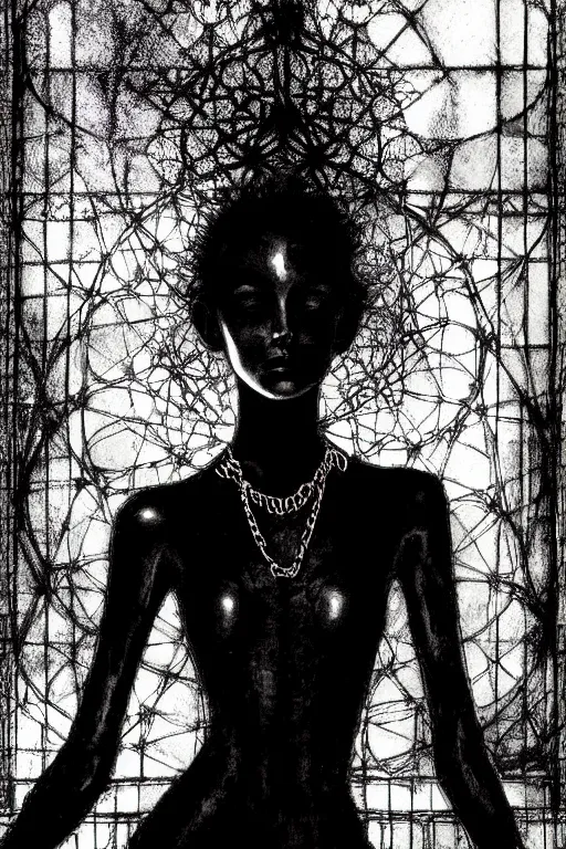 Prompt: dreamy gothic girl, black leather slim clothes, chains, hall of cracked mirrors, beautiful body, detailed acrylic, grunge, intricate complexity, by dan mumford and by alberto giacometti, peter lindbergh