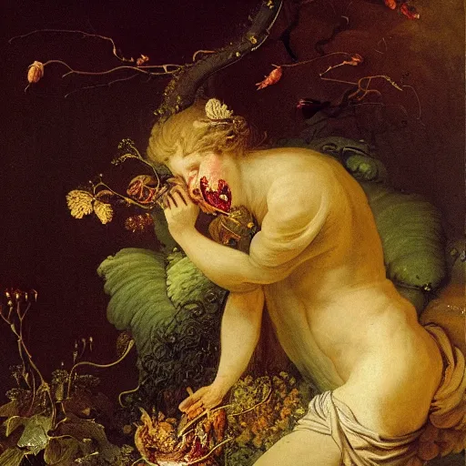 Prompt: wonderful world of carnivorous plant eating a woman, painted by fragonard