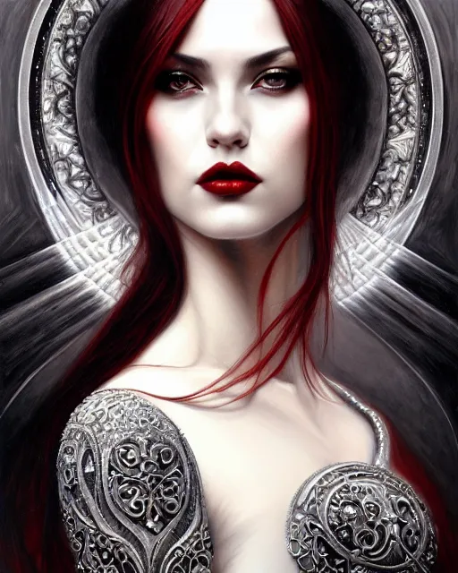 Image similar to portrait of a beautiful goddess, enigmatic beauty, dominant shades of black, silver, dark red, white, head in focus, fantasy art, ornamental aesthetics, intricate, elegant, highly detailed, hyperrealistic, artstation, concept art, soft illumination, painterly, sharp focus, by karol bak