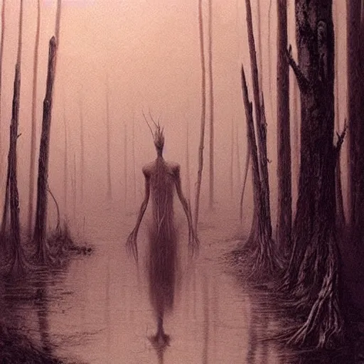 Image similar to forest spirit walking in swamp, highly detailed beksinski monster art