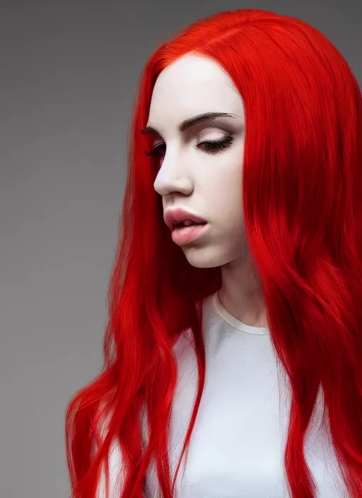 Image similar to ava max bright red hair photographed by charlotte rutherford, canon, highly realistic. high resolution. highly detailed. dramatic. 8 k. 4 k.