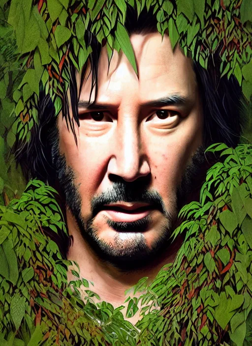 Prompt: highly detailed comedy caper movie poster with silly wacky zany keanu reeves hiding in leaves, keanu reeves face inside a leafy bush by greg rutkowski